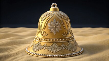 Golden decorative bell with floral design on sand background