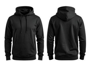 Front and back view of a plain black hoodie