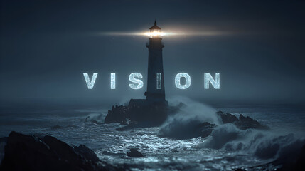 Bright lighthouse on rocky coast with glowing word “VISION” in sky, symbolizing clarity, guidance, inspiration, and business direction in stormy times.