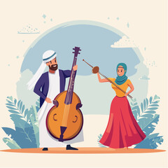 Obraz premium Flat 2D vector of a male musician playing an oud and a female dancer performing traditional dance