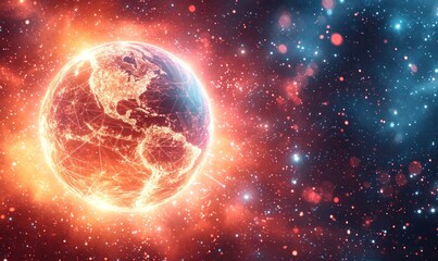 A glowing Earth, networked and vibrant, in space