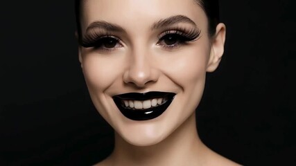 Stunning makeup transformation with bold black lips during a night beauty shoot. women's Halloween makeup