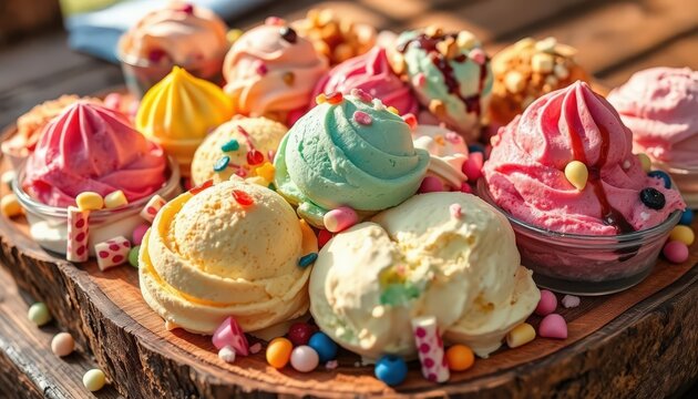 A delightful display of various ice cream flavors topped with colorful sprinkles, perfect for summer treats.