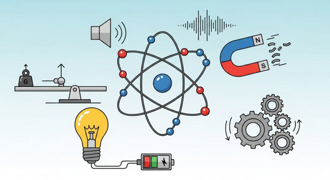Illustration of physics concepts including atom, sound waves, light bulb, magnet, and gears diagram