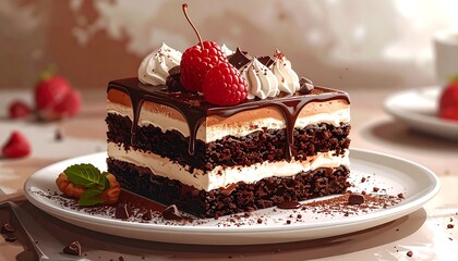 Close-up of a decadent chocolate cake slice