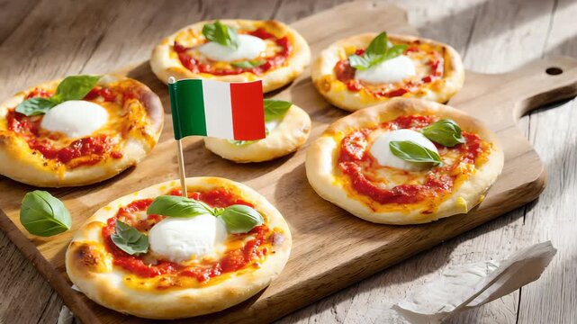 Freshly baked mini Margherita pizzas with melted mozzarella, tomato sauce and basil on wooden board with Italian flag, cinematic food video showcasing authentic Italian cuisine and Mediterranean flavo