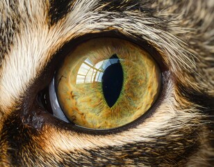 A close-up view of a cat's eye, showcasing intricate details of the iris and the surrounding fur.