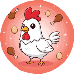Cartoon chicken with eggs and drumsticks — humorous farm animal illustration in red sparkly circle highlighting food and agriculture symbolism