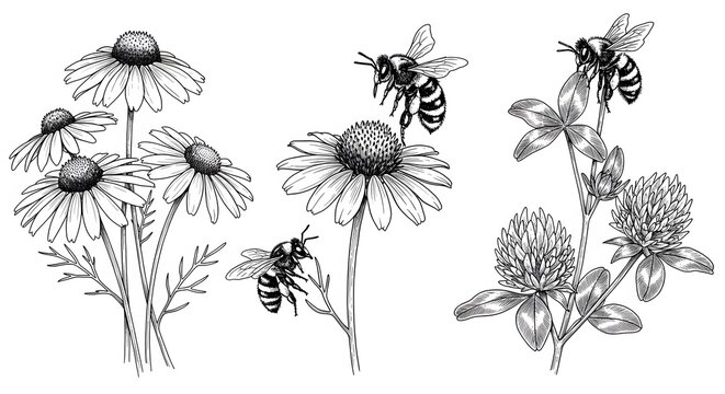 Black and white floral illustration with bees