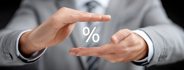 Professional man demonstrating percentage symbol with hands in a business setting, emphasizing financial concepts and marketing strategies during a meeting