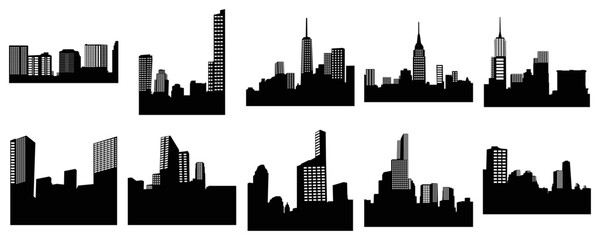 Obraz premium Set of city silhouette vector, panoramic city background. Black vector city silhouette, black city silhouette, modern city, tall buildings