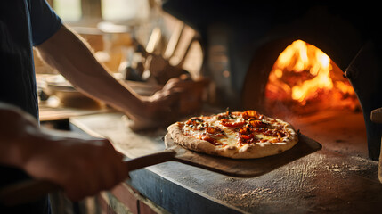 Chef Baking Pizza in Wood-Fired Oven