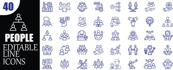 Diverse Line Icons Representing People, Teamwork, and Business Concepts
