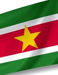 National flag, waving, three horizontal bands of green, white, and red, with a golden star in the center