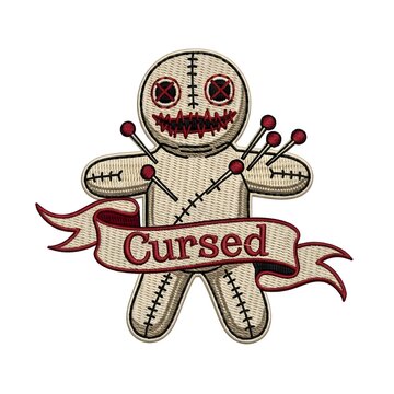 embroidery patch A cartoon-style voodoo doll with a banner reading 'Cursed' and several pins stuck in its body, set against a clean white background with a spooky and eerie mood.