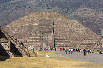 Teotihuacan, Mexico - 1 December 2022: Tourists and pyramid of the Sun of Teotihuacan