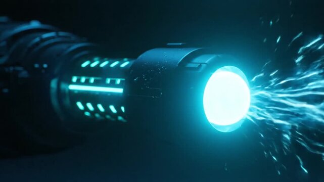 Futuristic glowing energy weapon firing bright blue plasma in darkness