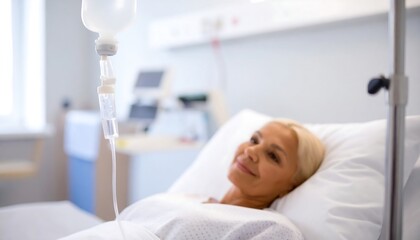 Woman resting in hospital bed with IV
