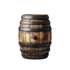 Fototapeta premium Full view of a weathered wooden barrel. Iron bands encircle the barrel