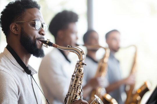 Saxophonists rehearsing in a bright studio showcasing diversity in age and ethnicity