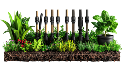 Lush garden bed with watering system