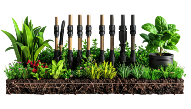 Lush garden bed with watering system