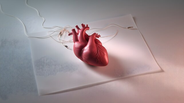 Red anatomical heart illustration with pulse oximeter and ECG wires on white tabletop with soft light