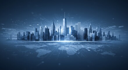 
Abstract silhouette of the urban skyline against a blue background with a reflection of imposing buildings and a horizontal world map