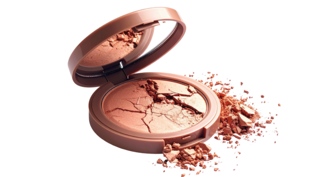 Cosmetic blush compact open, scattered powder