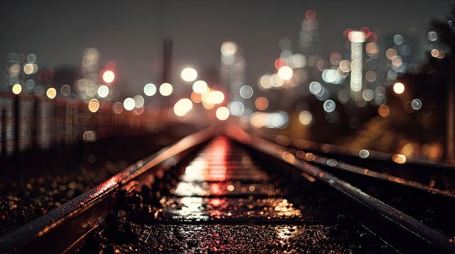 Night city lights bokeh, railway tracks