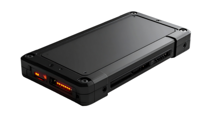 Dark gray rectangular device angled, showing ports