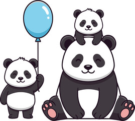 Cartoon panda family — large panda with two small pandas, one holding balloon, in cheerful and affectionate parent-child illustration