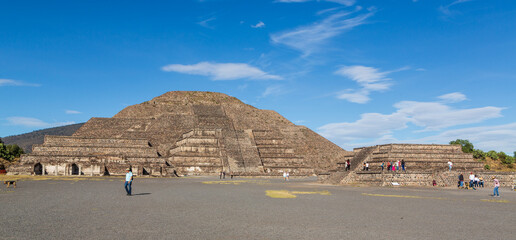 Teotihuacan, Mexico - 1 December 2022: Tourists and pyramid of the Sun of Teotihuacan