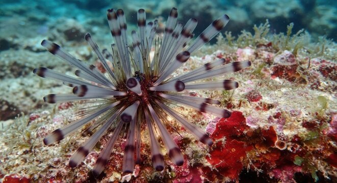 Marine Animal Echinothrix calamaris on a Substrate, Marine Biology and Coastal Study

