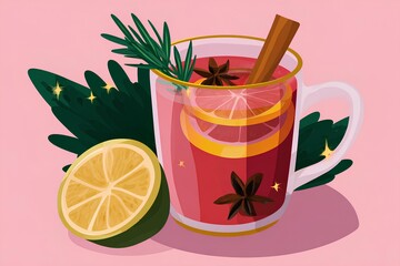 Colorful illustration of a glass filled with dark beverage garnished with rosemary, surrounded by orange slices and green leaves on a pink background.