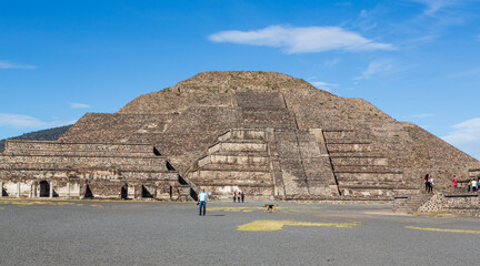 Teotihuacan, Mexico - 1 December 2022: Tourists and pyramid of the Sun of Teotihuacan