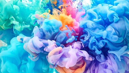 A vibrant explosion of colorful ink or paint swirls in a fluid underwater scene, creating abstract cloud-like formations