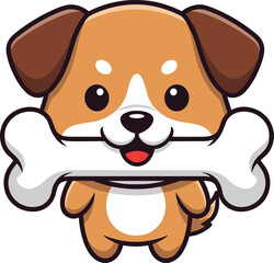 Cartoon puppy with bone — cute brown and white dog holding oversized bone in mouth with smiling face and playful expression