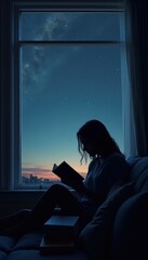 Serene Evening Reading by the Window with Starry Sky and City Lights in Background during Twilight Hours of a Tranquil Night