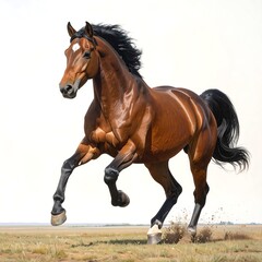 Obraz premium A powerful, chestnut-colored horse in full gallop against a plain background, showcasing its dynamic movement and musculature.