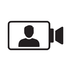 Illustration of a video camera with a person inside the screen, the icon is simple and modern, perfect for use in a variety of digital and print media projects it is a versatile design