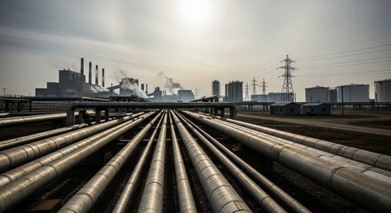 A wide-angle, low-perspective shot of a massive network of industrial pipelines stretching into the distance towards a large power plant and factory complex