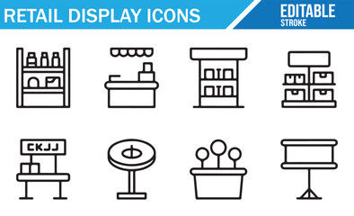 Collection of editable stroke linear icons for trade fairs, shops, and product showcases