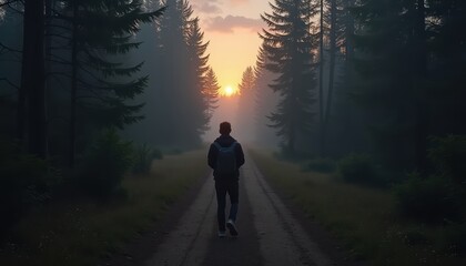 Serene Sunset Walk Through Misty Forest Path Surrounded by Tall Trees and Soft Light, Evoking Calmness and Reflection in Nature's Beauty