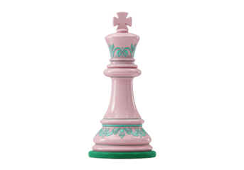 Isolated chess king piece is artful with pink hue and decorative design and green pedestal
