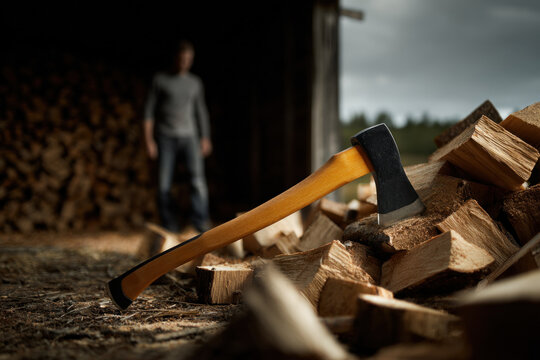 A wood-splitting axe stands embedded in a pile of chopped logs. In the background, a person can be seen in a rustic outdoor setting. The late afternoon light casts a warm glow