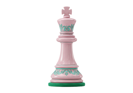 Isolated chess king piece is artful with pink hue and decorative design and green pedestal