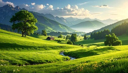Fototapeta premium Alpine Meadow Panorama Under Sunny Sky