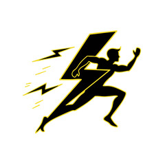 A black silhouette of a runner with yellow lightning bolts on a black background in a logo style