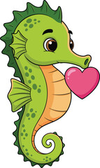 Cartoon seahorse with heart — cute green marine character with expressive eyes and orange belly in playful underwater love-themed pose